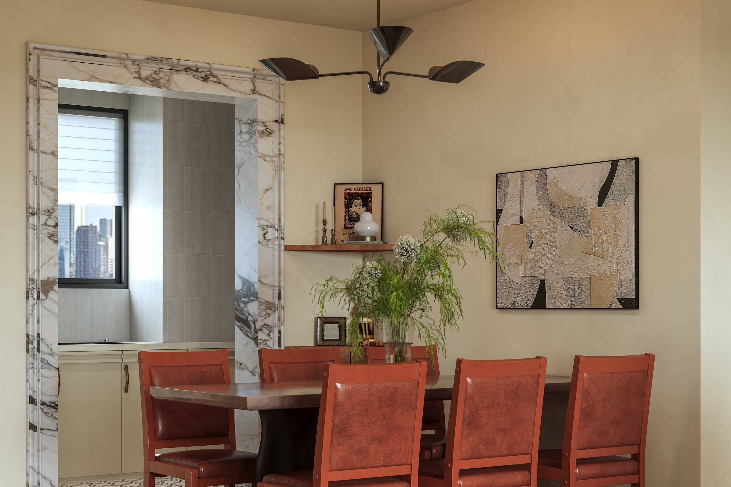 Dining area with calm materials